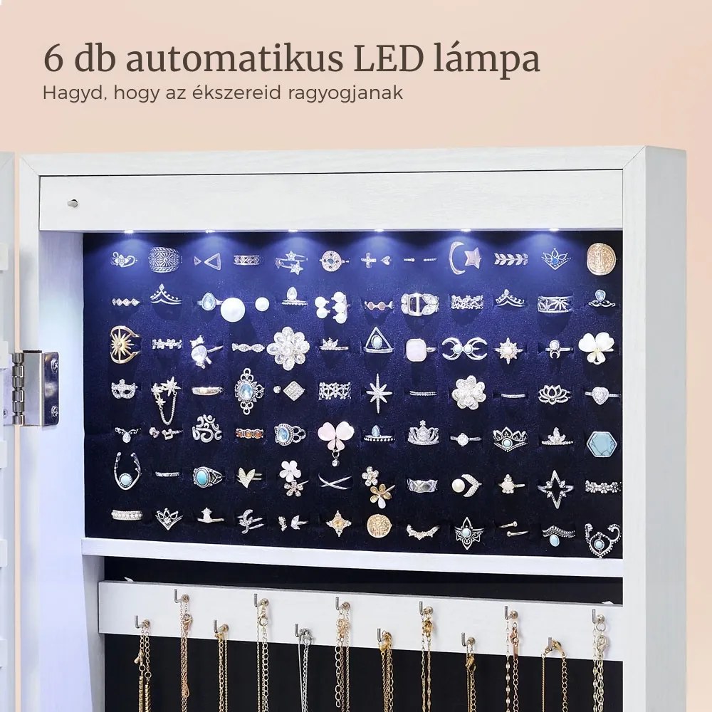 JEWELIA fali ékszertartó tükörrel és LED világítással, 10x37x120 cm, fehér SongmicsHome