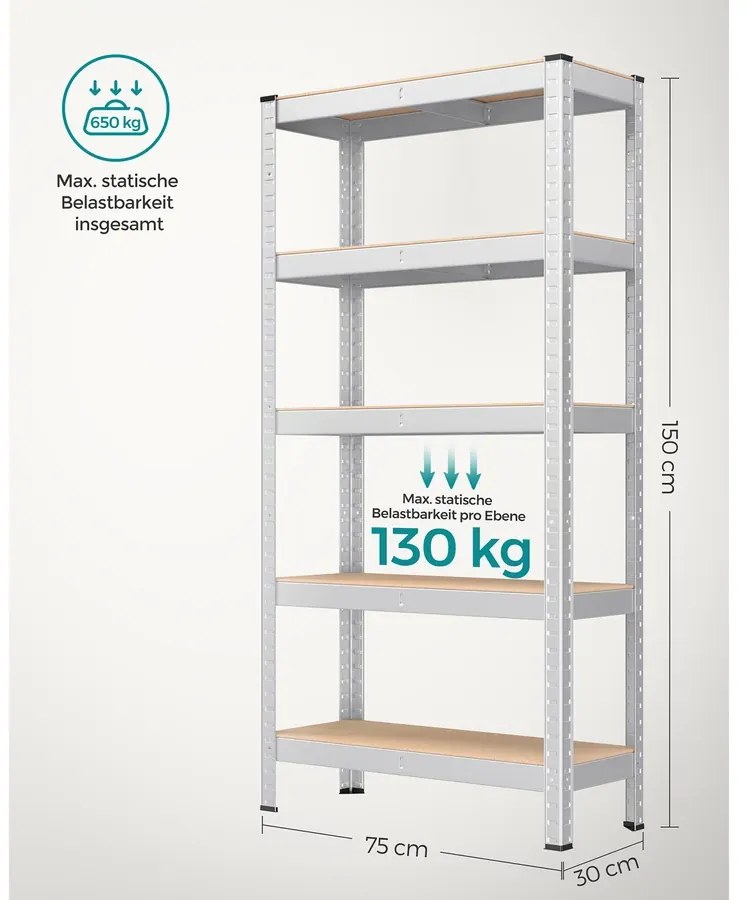 5 szintes polcrendszer, acél polcrendszer tároláshoz, csavarmentes összeszerelés, teherbírás 650 kg, 30 x 75 x 150 cm, ezüst