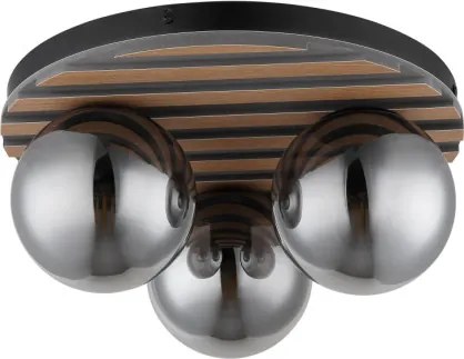 Globo 54343-3 Mennyezeti lámpa, matt fekete fém, sötét fa hatású MDF, füstszínű üveggömbök, ø: 390 mm, M: 200 mm, 3xE27 40W 230 V izzók nélkül