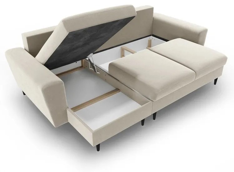 Bézs bársony kinyitható tárolóhelyes sarokkanapé Kyoto – Cosmopolitan Design