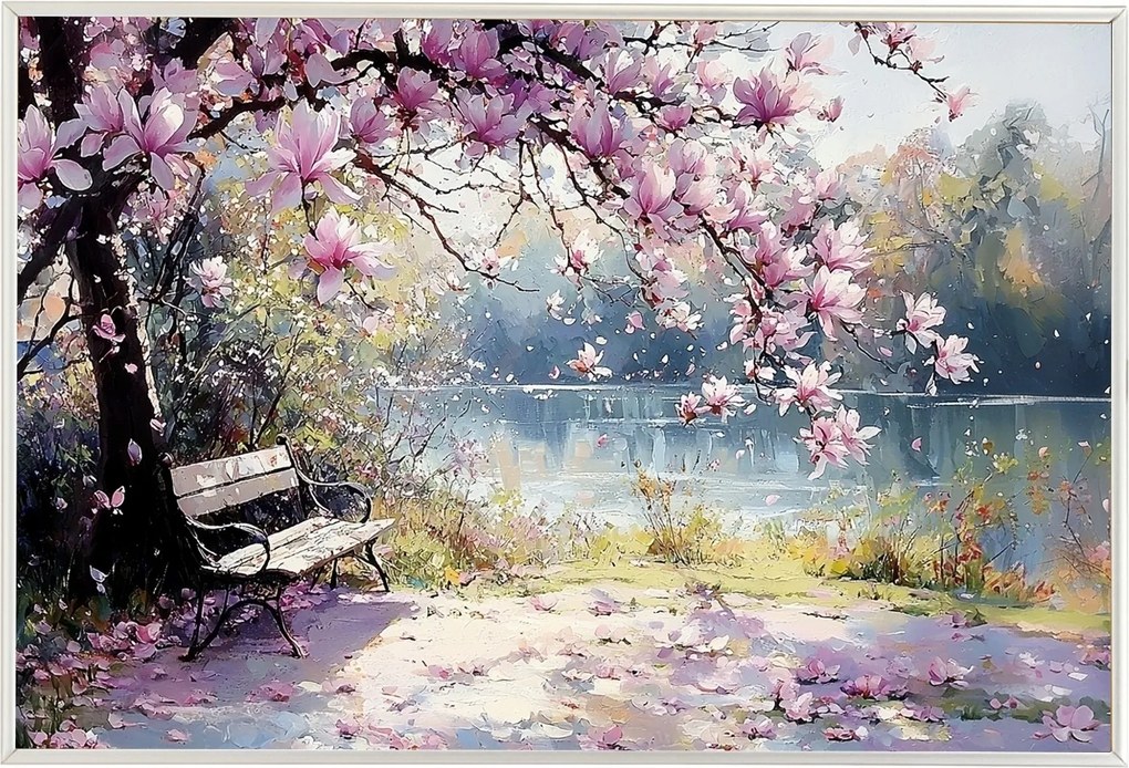 Poszter Keret Alumínium Tájkép Park Folyó Fa Virágok Magnólia 60x40