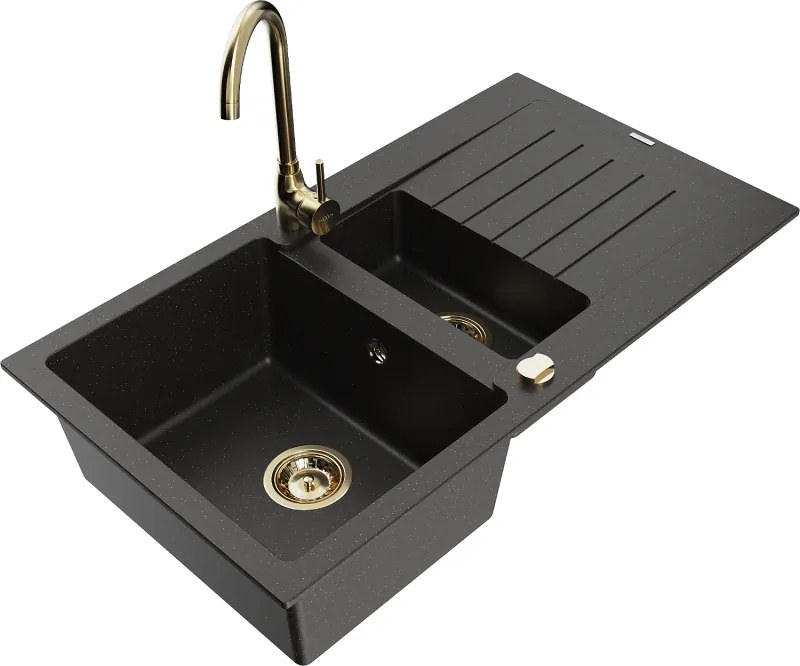 Mexen Matias 1,5 rekeszes gránit mosogató csepegtetővel és konyhai csapteleppel Telma, fekete/arany - 6502-75-670200-50