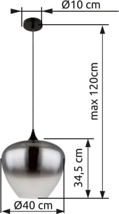 Globo 15548H2 Függeszték fém fekete matt, füstszínű/átlátszó színátmenetes üveg búra, fekete textil kábel, ø: 400mm, M: 1200mm, 1x E27 60W 230V izzó nélkül