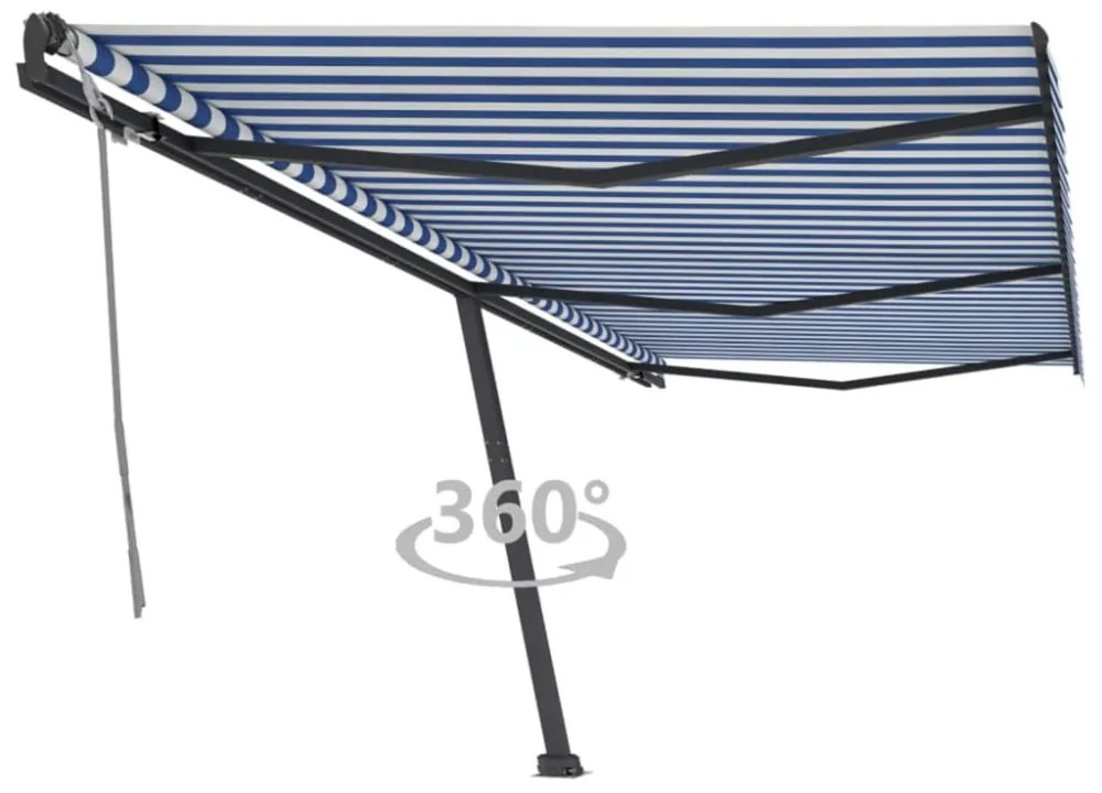 kék és fehér kézzel kihúzható póznás napellenző 600 x 300 cm
