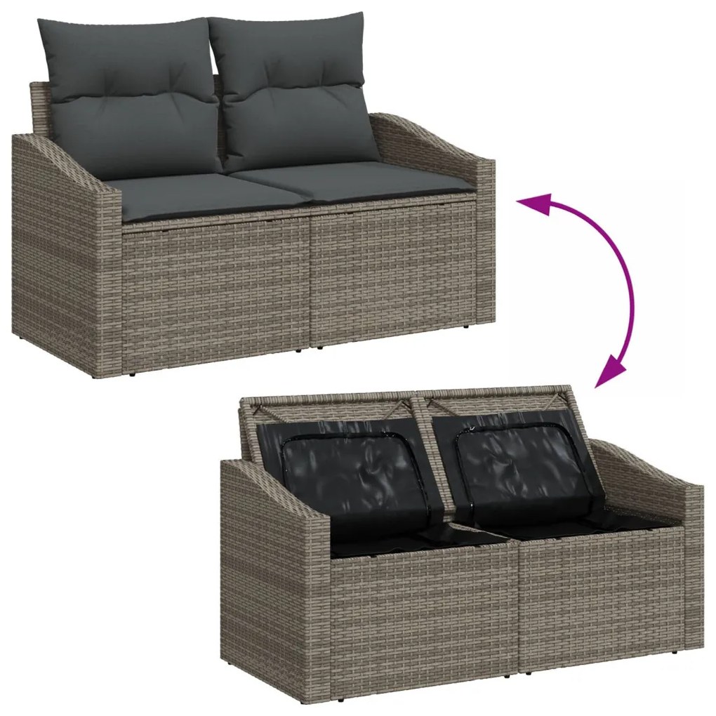 2-fős Kertisofa Tárolóval és Párnákkal Szürke Poly Rattan