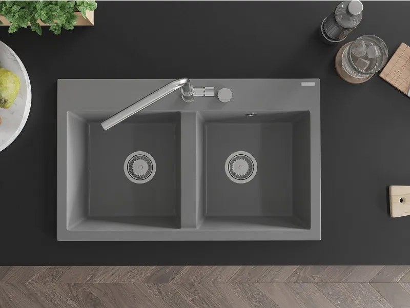 Mexen Hektor kétkamrás gránit mosogató 800 x 480 mm, szürke, króm szifon - 6521802000-71