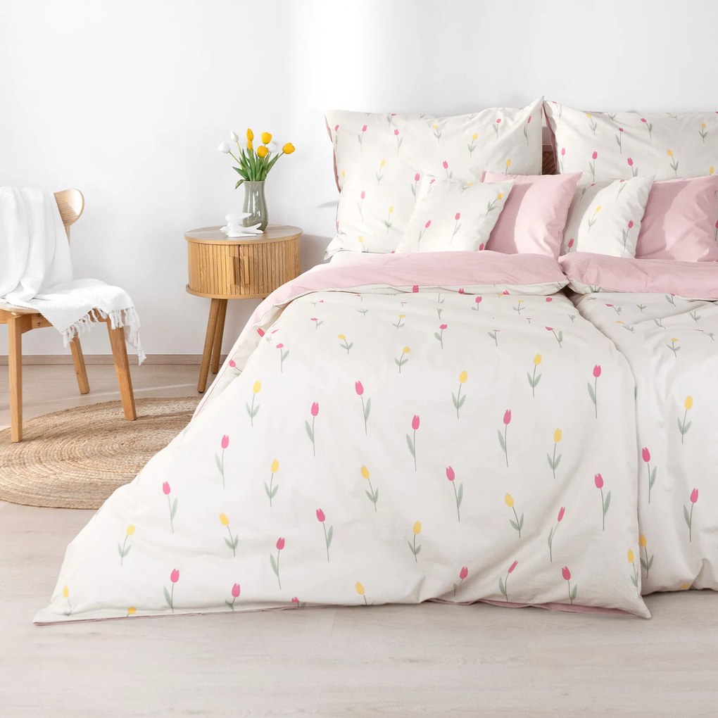 Goldea pamut ágyneműhuzat duo - tulipánok, púderrózsaszín hátoldal 140 x 220 és 70 x 90 cm