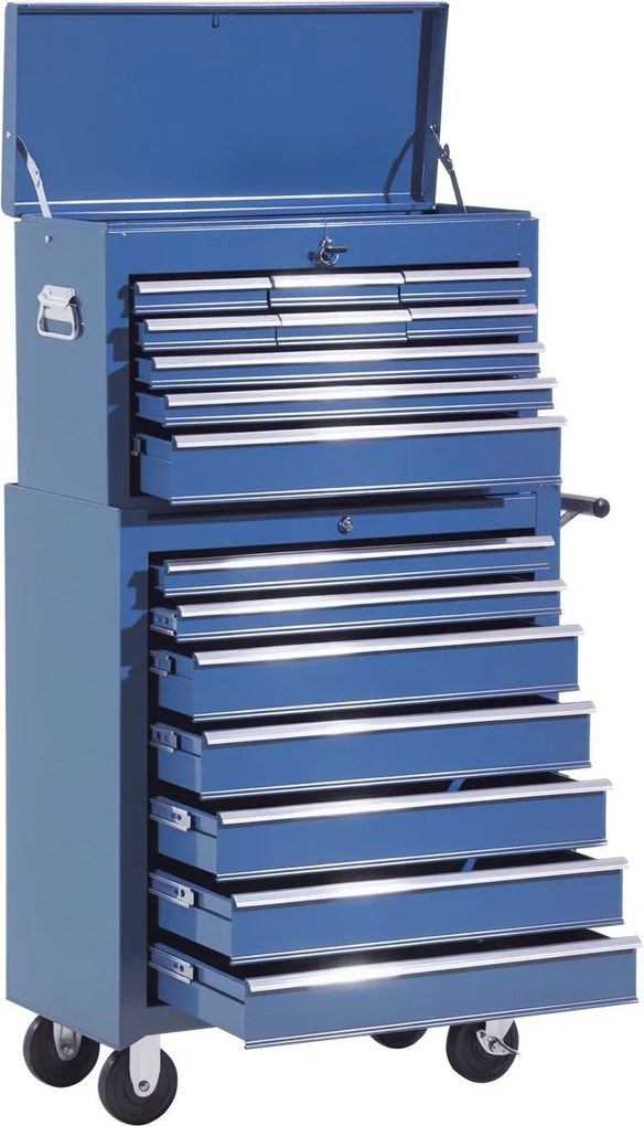 HOMCOM Műhely Kocsi Szerszámosládával, Zárható Szerszámkocsi Fiókokkal, Szerszámrekesszel, Kulcsokkal és Csúszásmentes Szőnyegekkel, Kék | Aosom