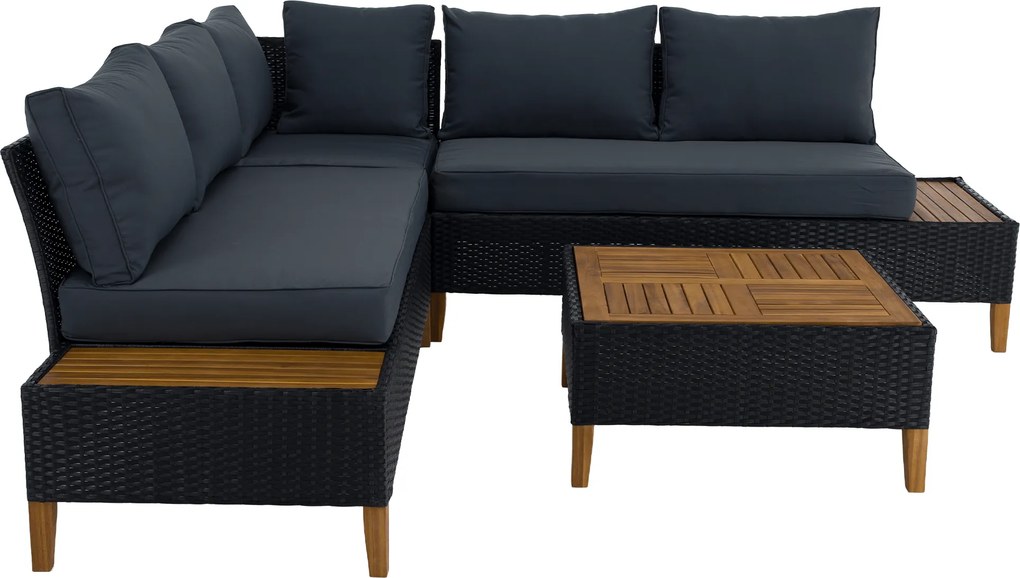 Kerti rattan szett, akácfa, fekete/szürke/természetes, MALKOM