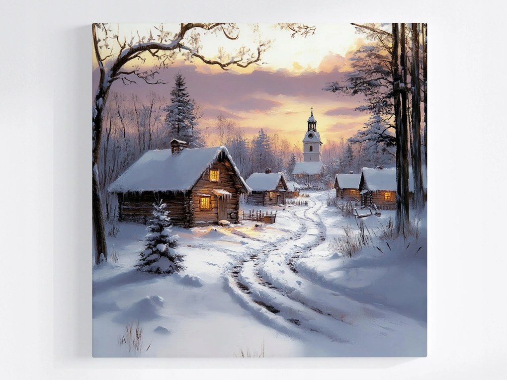 Poszter Tájkép Falu Templom Házak Tél Hó 80x80