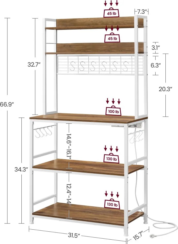 Konyhai állvány polcokkal, 14 akasztóval, rusztikus barna, fehér és 80x40x170cm