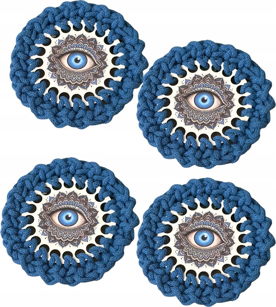 Horgolt poháralátét szett kék mintás 43 4db-os