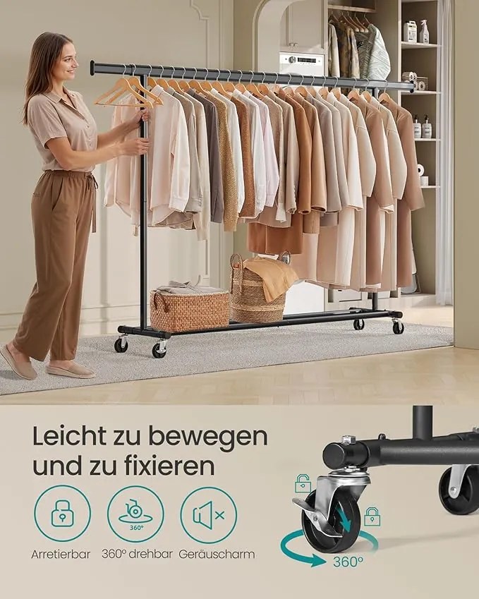 Ruhatartó állvány kerekekkel, nagy teherbírású gurulós gardróbállvány, max. 150 kg terhelhetőség, fekete