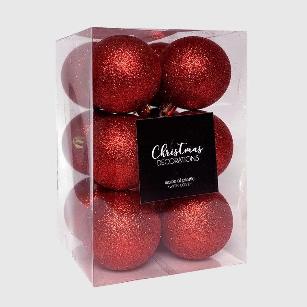 Piros glitteres műanyag karácsonyi gömb szett 12x6cm