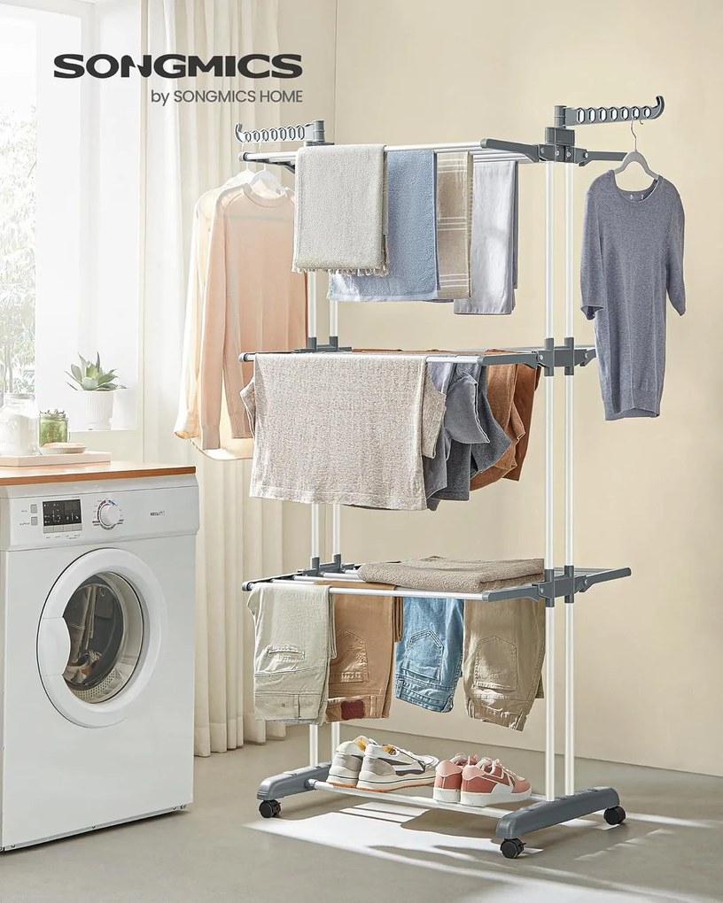 Összecsukható 4 szintes ruhaszárító állvány, mozgatható, 64 x 126 x 172 cm, rozsdamentes acél, lehajtható szárnyakkal, fehér