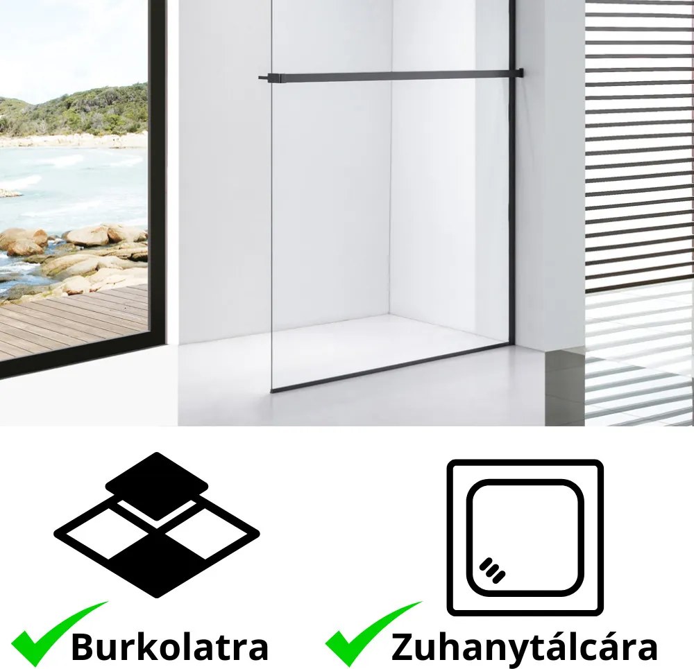 Stuxi Milano Plus Black Walk-in zuhanyfal, 110x200 cm, 8 mm vastag vízlepergető biztonsági üveggel, matt fekete profillal, távtartóval, polccal és törölközőtartóval