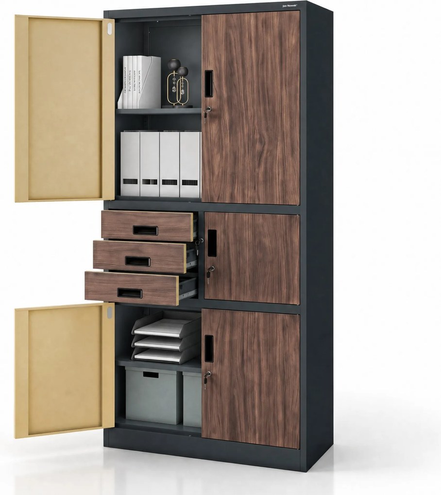Fém irodai szekrény széffel, antracit, dió, 900x1850x400 mm: FILIP II Eco Design