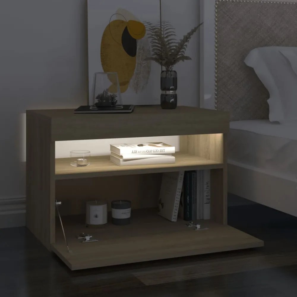 2 db sonoma tölgyszínű éjjeliszekrény LED-lámpákkal 60x35x40 cm