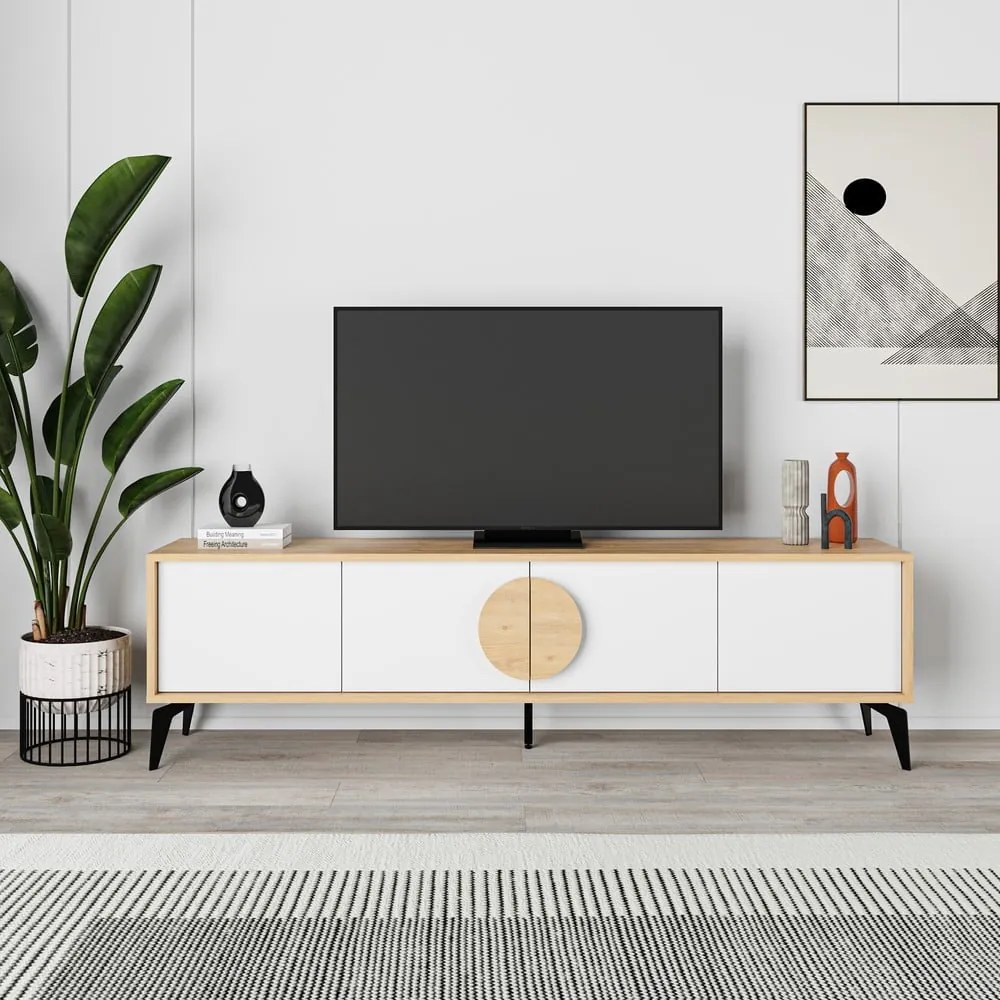 Fehér-natúr színű TV-állvány tölgyfa dekorral 180x51 cm Vae – Marckeric