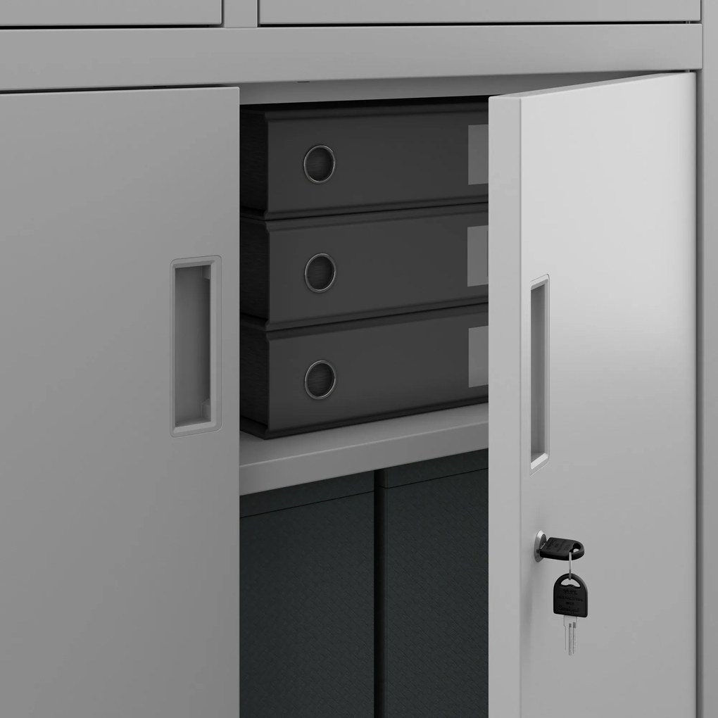 Fém iratszekrény széffel, vitrinnel és fiókokkal FILIP, 900 x 1850 x 400 mm, szürke