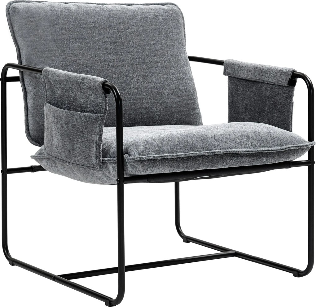 HOMCOM Szürke Karfás Fotel Oldalsó Zsebbel és Acél Vázszerkezettel, 120 kg Terhelhetőség, Hálószobába és Nappaliba | Aosom