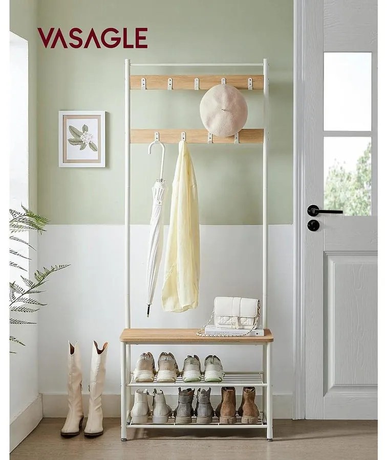 Kabáttartó cipőtároló paddal, tölgy és fehér