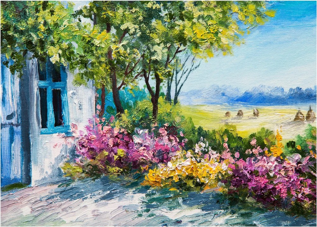 Kép a ház előtti kertről, olajfestmény (üvegen) (70x50 cm)