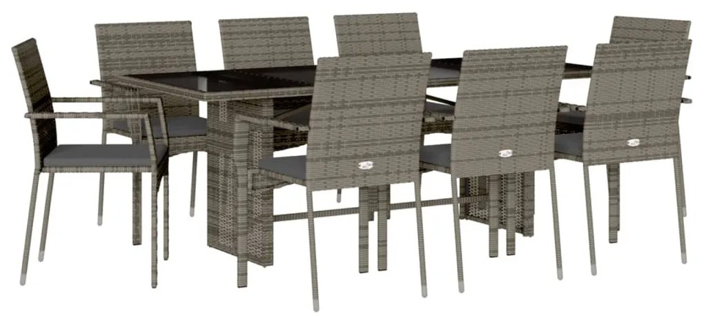 9 részes szürke polyrattan kerti étkezőgarnitúra párnával