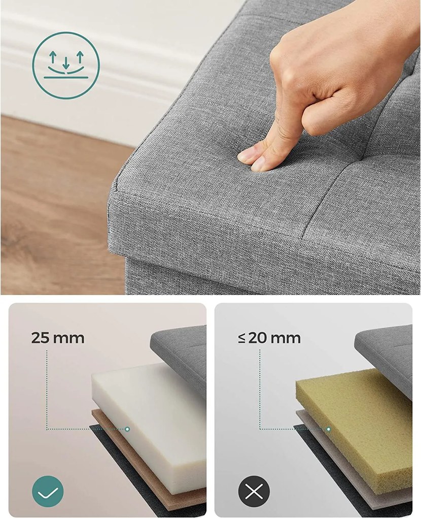 Összecsukható puff ülés, ottomán, 80 l, világosszürke, 76 x 38 x 38 cm