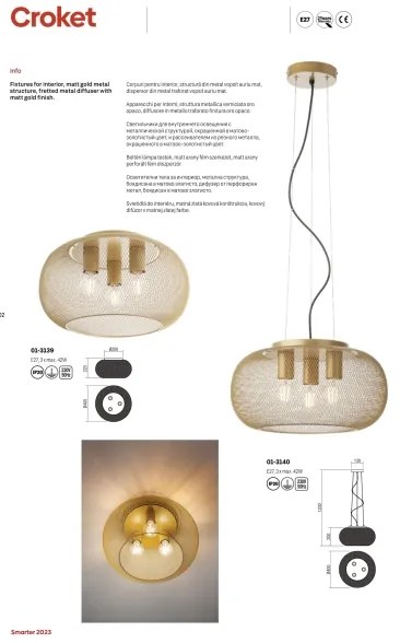 Redo 01-3139 - Mennyezeti lámpa CROKET 3xE27/42W/230V átm. 40 cm arany