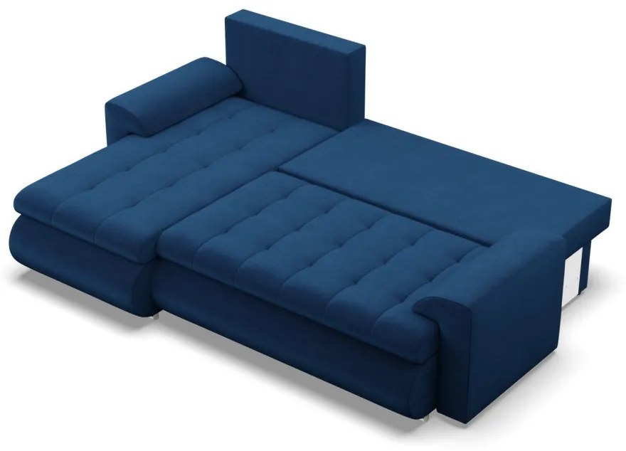 Tokio sarokkanapé, 2 ágyneműtartóval, bársony, baloldali, kék