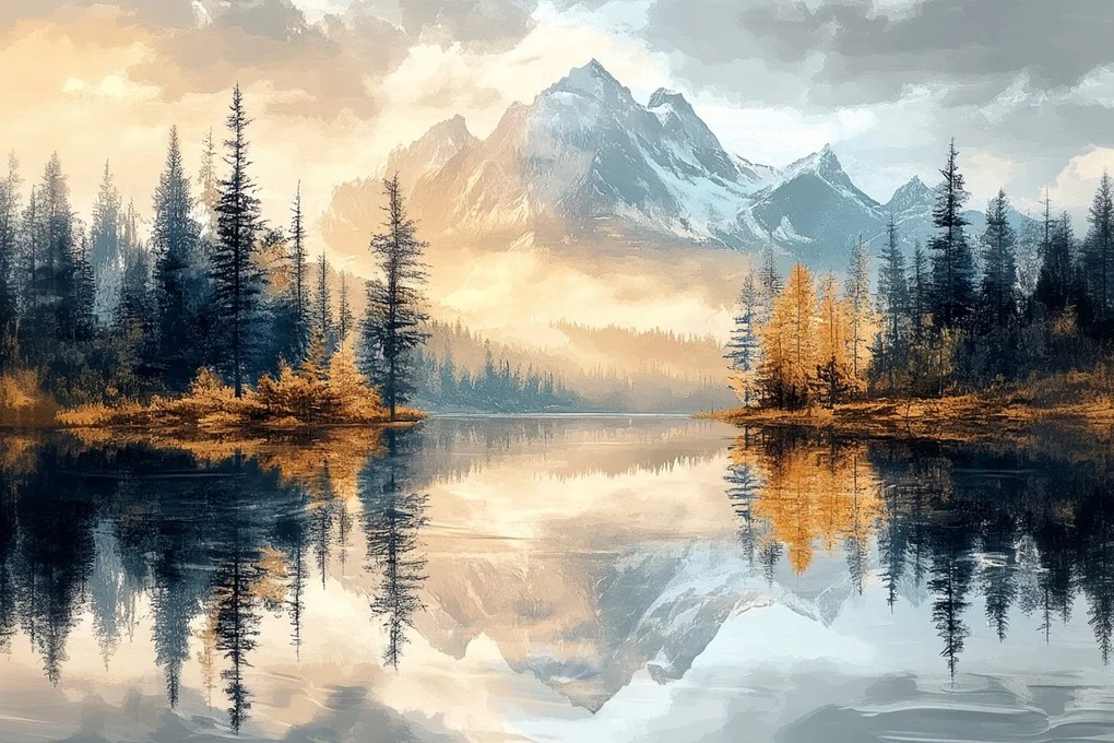 Vászonkép Canvas Tájkép Hegyek Erdő Fák Víz Tó Tükröződés 120x80