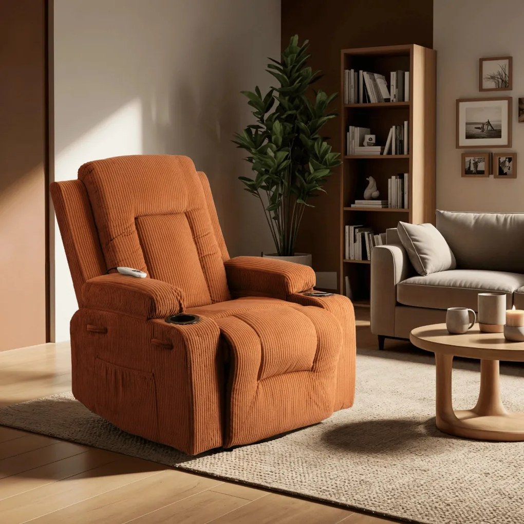 Elektromosan Vezérelhető Masszázsfunkciós Relaxfotel Rozsdabarna Kordbársony Kárpittal. BOX2