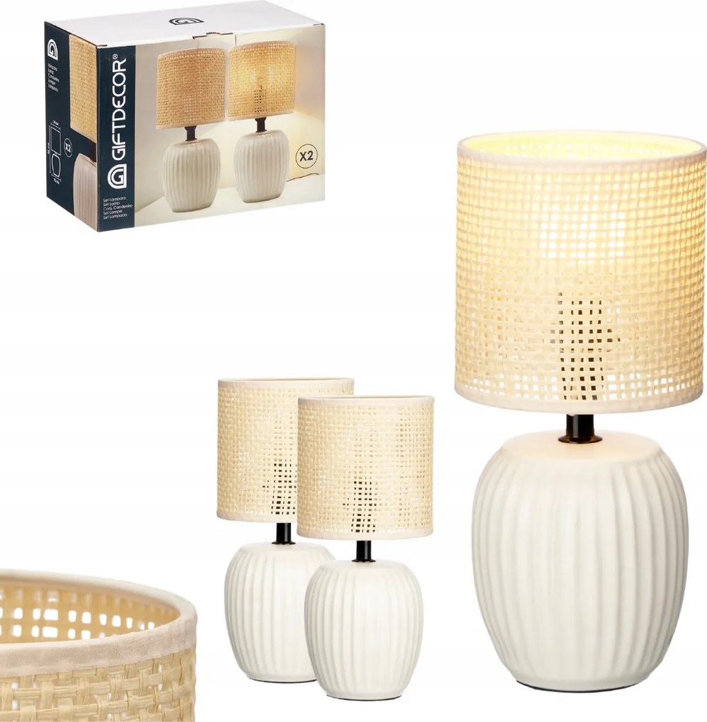 Fehér Éjjeli Asztali Lámpa Szett Íróasztal Kerámia Bézs Boho Lámpabúra