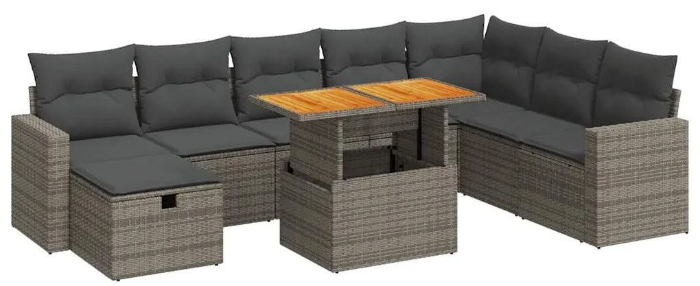 9 részes szürke polyrattan akácfa kerti ülőgarnitúra párnákkal