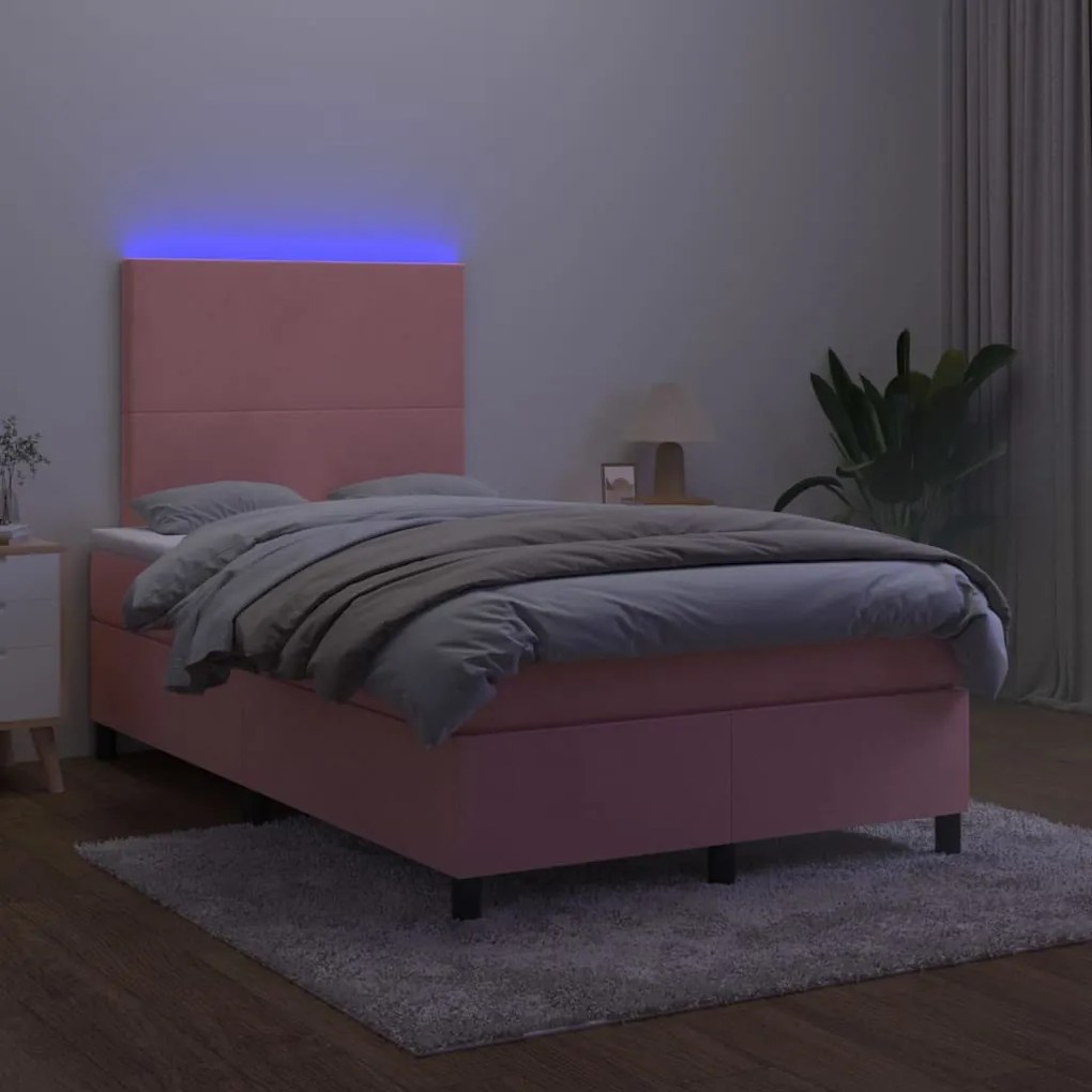 rózsaszín bársony rugós és LED-es ágy matraccal 120x200 cm