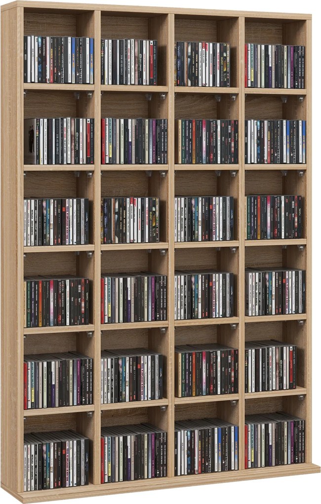 HOMCOM CD és DVD tároló, multimédiás polc 24 rekesszel, maximális kapacitás 480 CD/312 DVD, fából készült könyvespolc állítható polcokkal, 89 x 20 x 1