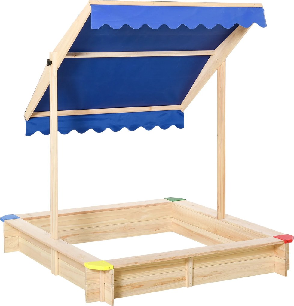 Outsunny Fa Homokozó Gyerekeknek Napernyővel, Állítható Tetővel, Tágas Mérete 120x120x120 cm Kültéri Kert Játékhoz Természetes Fa Színben | Aosom