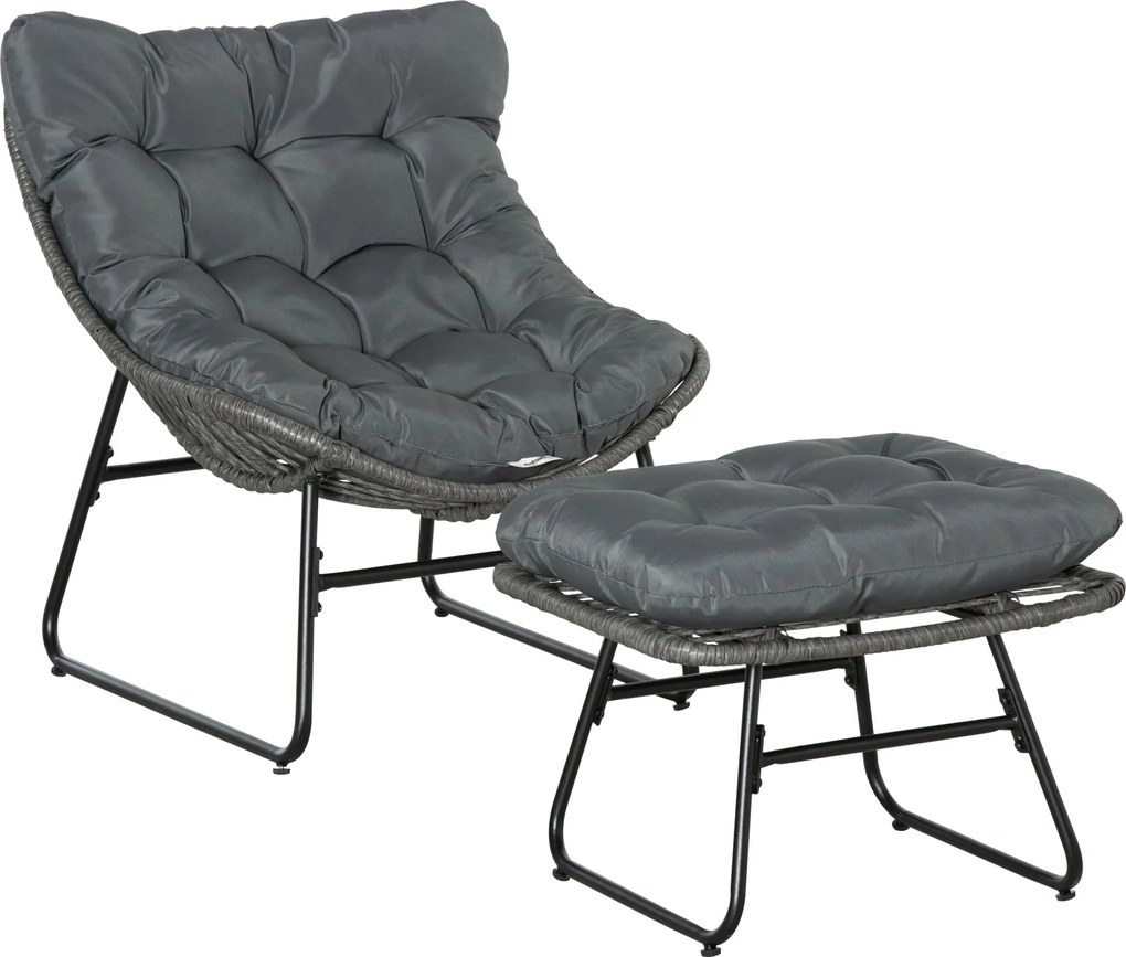 Outsunny Rattan Relax Szék Lábpihentetővel, Kerti Szék Vastag párnákkal, Kültéri Rattan Szék Kertbe, Erkélyre, Teraszra Szürke | Aosom