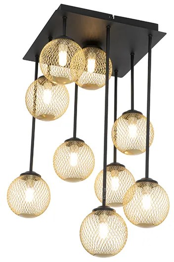 Art Deco mennyezeti lámpa fekete, 9 lámpával - Athén huzal