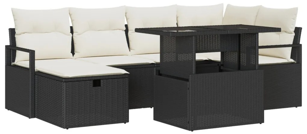 7 Darabos Kert Nappali Készlet Párnákkal Fekete Poli Rattan, 2 Fős Kert Nappali Párnákkal Fekete Poli Rattan
