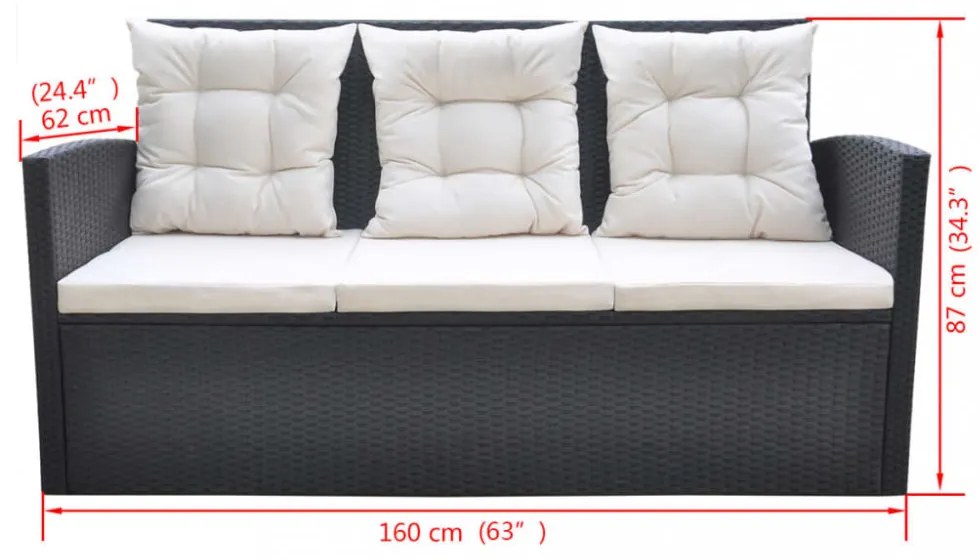 6-részes fekete polyrattan kültéri étkezőszett párnákkal