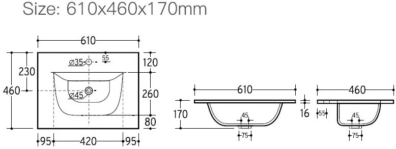 TMP VISION LONG 60 fali függesztett fürdőszobai bútor - SKY E-8099-60 porcelán mosdóval- 61 x 46 cm