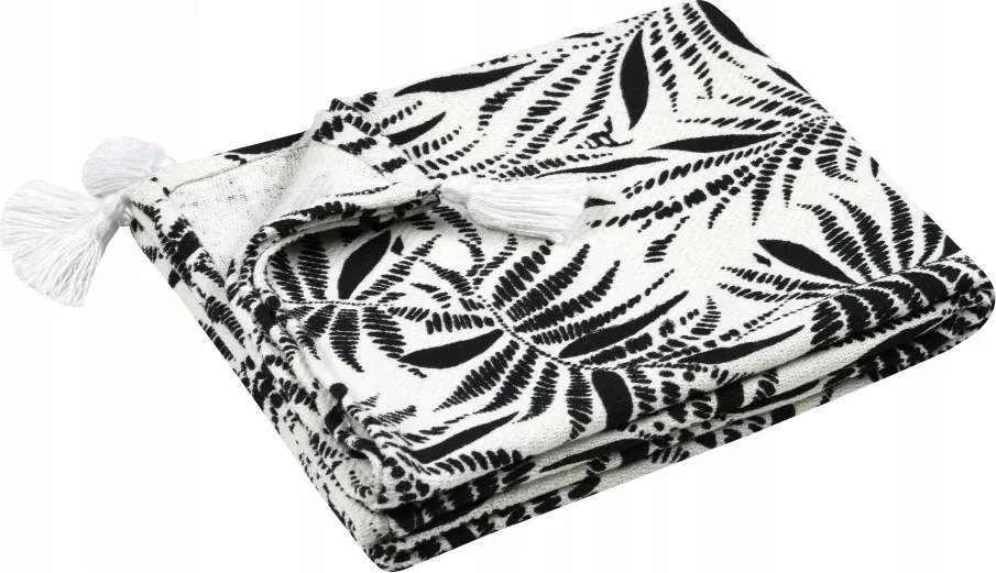 Pléd Ziana 125x150 cm écru fekete levelek rojtos ágytakaró Boho pamut