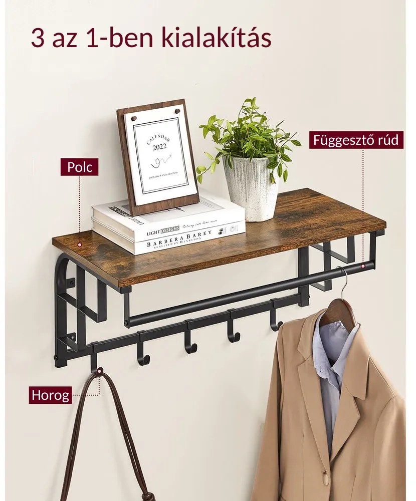 HENRY fali fogas, 66x30x27cm, fekete/barna Vasagle