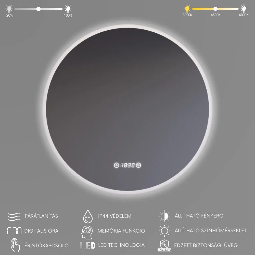 Kerek Led tükör Ø80cm Welland Alpha | Páramentesítő - Óra - Fényerő + színhőfok állítás