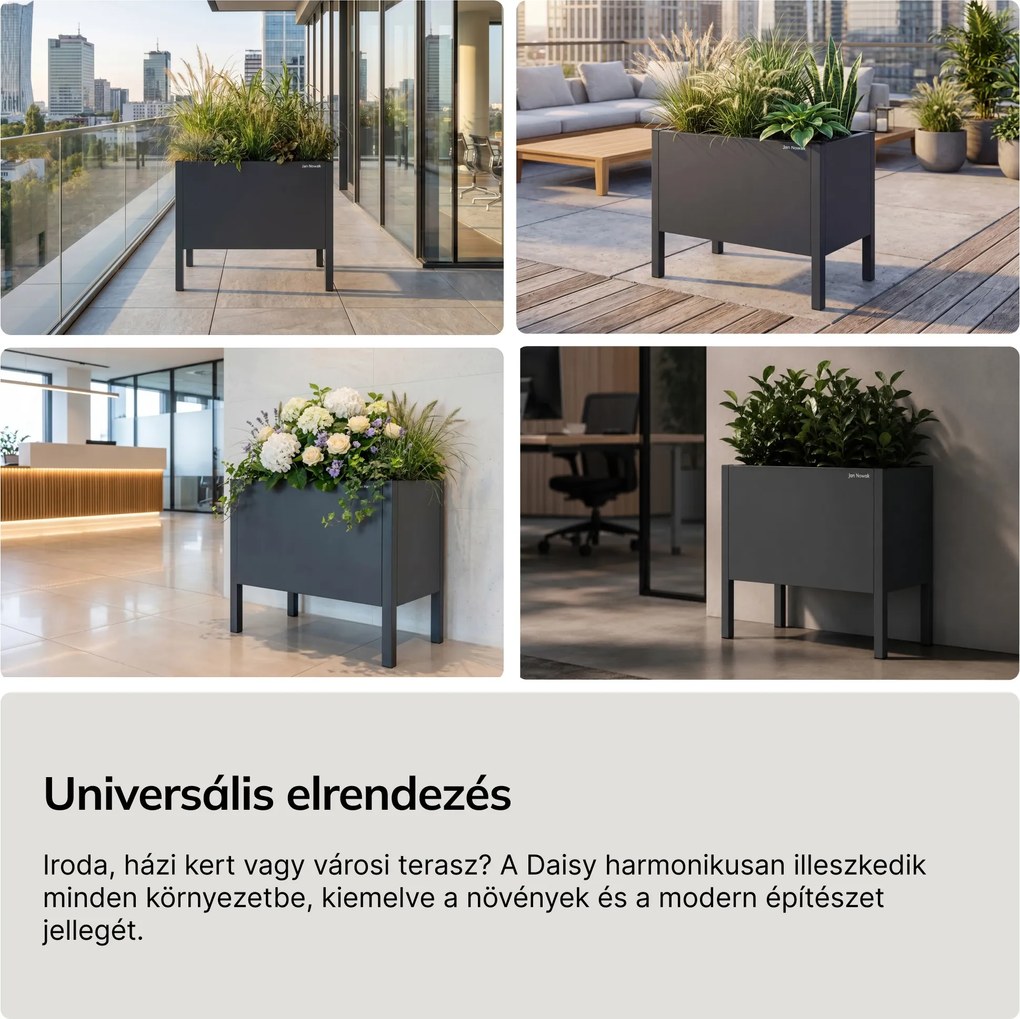 Kis, antracit színű fém virágcserép-burkolat: DAISY 400 x 350 x 250 mm