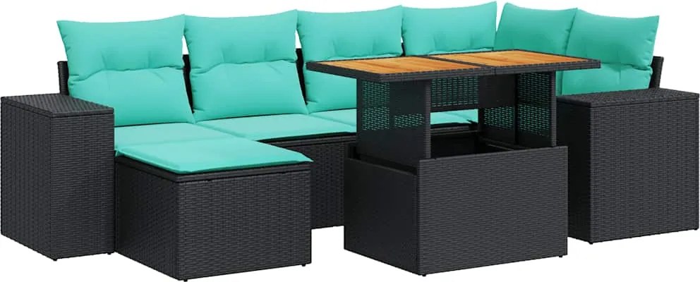 vidaXL 7 részes fekete polyrattan kerti ülőgarnitúra párnával