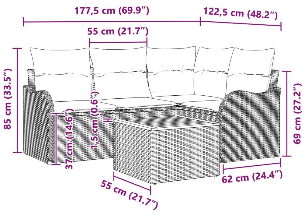 5 részes kerti sofa szett párnákkal bézs poli rattan akáccal, 2 személyes kerti sofa párnákkal bézs poli rattan