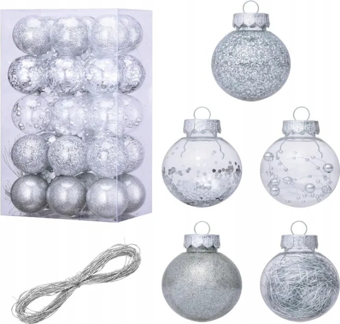30 db Karácsonyfadísz ezüst 6 cm átlátszó
